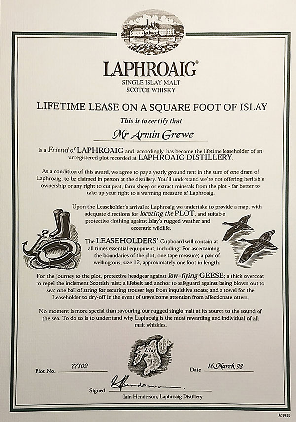 Scan of Armin Grewe's Friends of Laphroaig certificate
