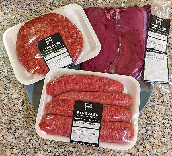 Picture of vension burgers, sausages and steaks from Fyne Ales