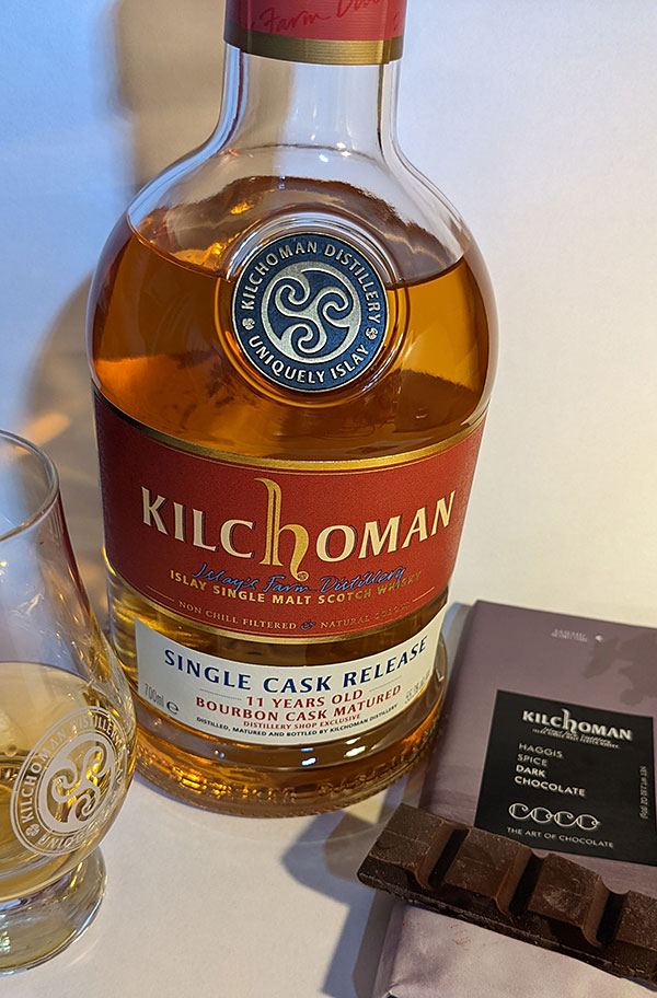 Picture of a bottle of Kilchoman Single Cask Release 11 years old Bourbon Cask matured (with some Haggis Spice dark chocolate)