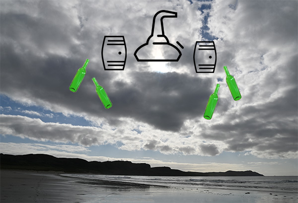 Picture of a bay with clouds above, a whisky still, two casks and four bottles in the clouds