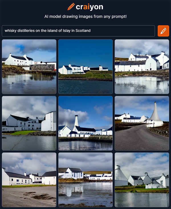 9 images of distilleries on Islay imagined by an AI