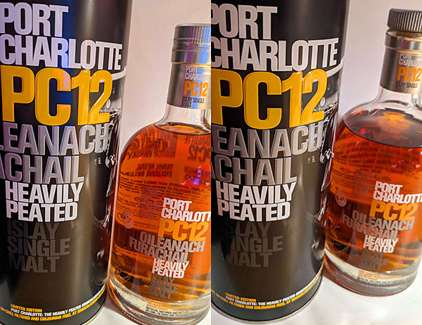 Picture of a bottle of Port Charlotte PC12 Islay single malt whisky unopened and opened