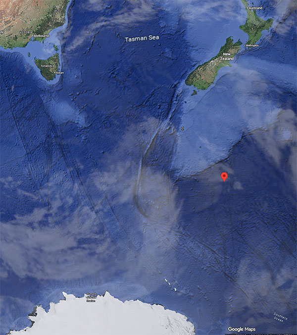 Screenshot of a Google Map showing a location in the Pacific south east of New Zealand