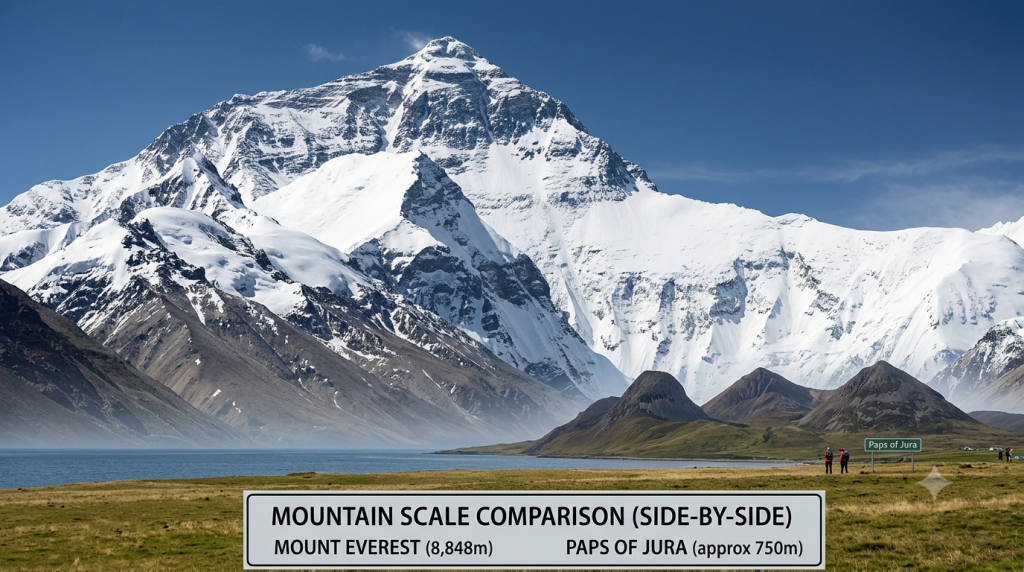 Picture of a landscape showing Mount Everest and the Paps of Jura for a size/scale comparison