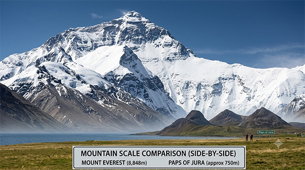 Picture of a landscape showing Mount Everest and the Paps of Jura for a size/scale comparison